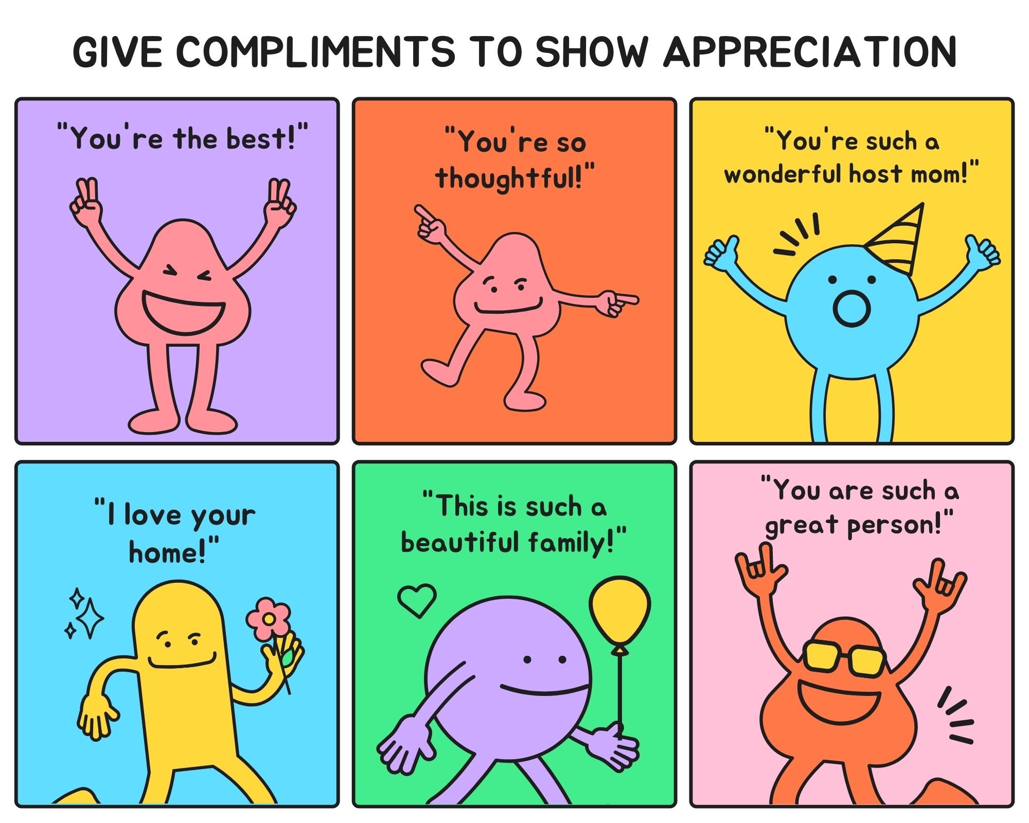 cartoon illustrating ways to give compliments in the USA to show appreciation