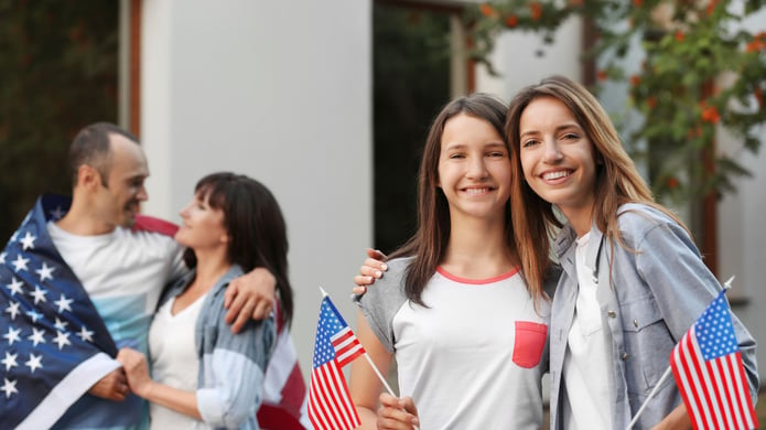 American family with American flags