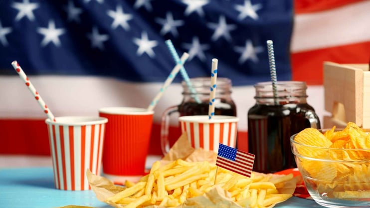 American fast food in front of an American flag