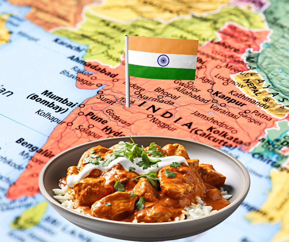 Chicken dish in front of the Indian map and flag.