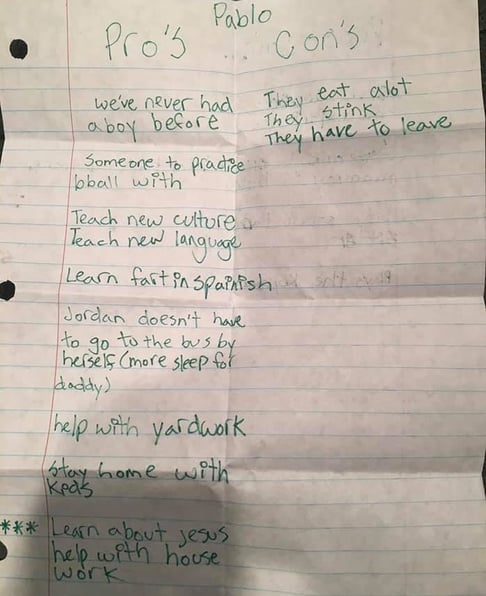 child's handwritten pros & cons list