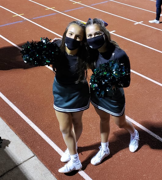 two cheerleaders wearing masks