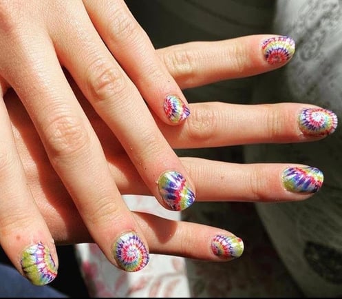 fingernails painted in rainbow design