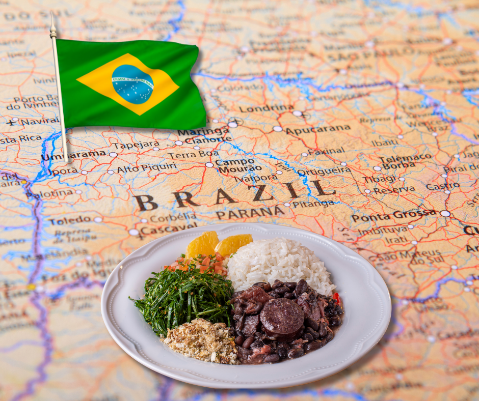 Feijoada dish in front of the Brazilian map and flag.