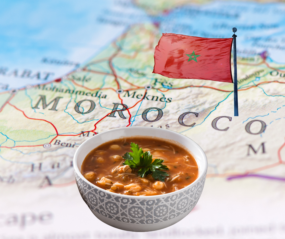 Harira dish in front of the Moroccan map and flag.