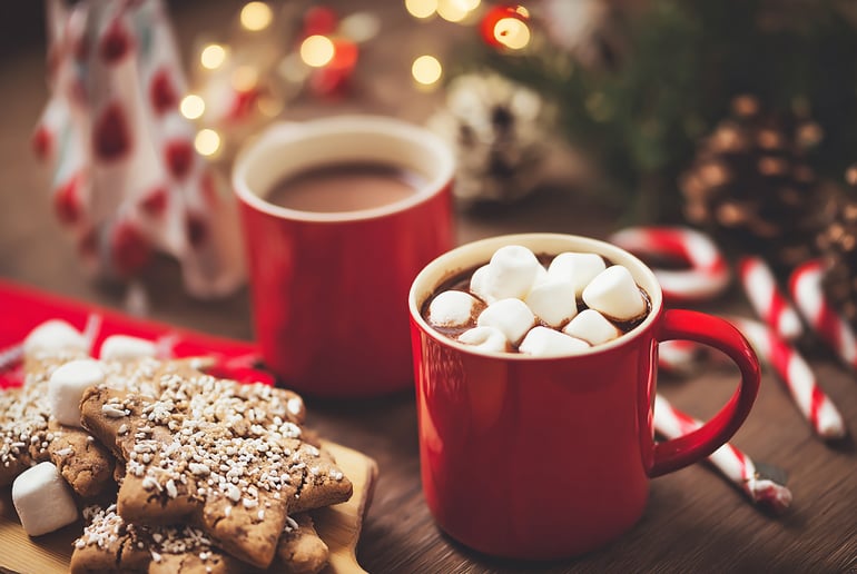 Cup of hot cocoa with marshmallows surrounded by cookies and candy canes