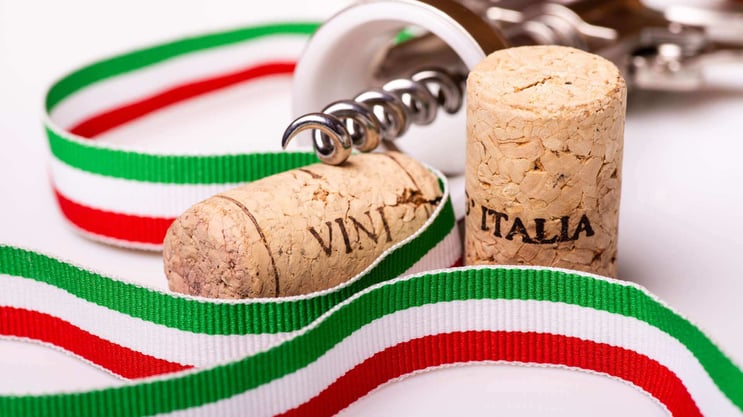 Italian flag ribbons with cork screw and wine corks