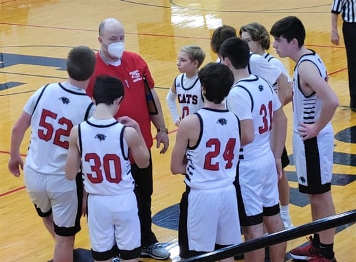 basketball team huddled on the court