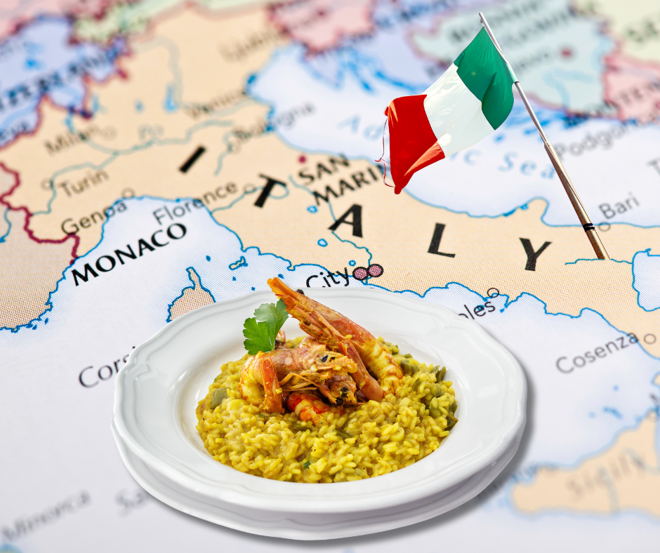 Risotto dish in front of the Italian map and flag.
