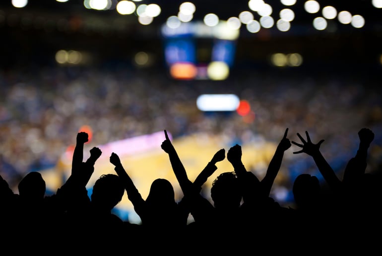 silhouettes of people cheering at a basketball game