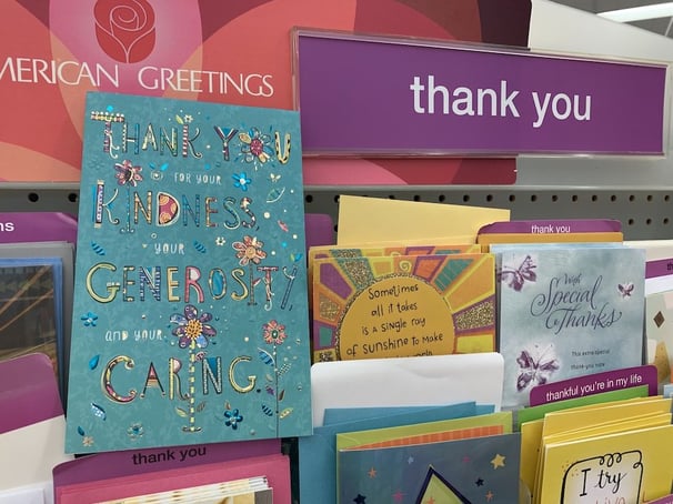 thank you cards in a rack at Rite-Aid