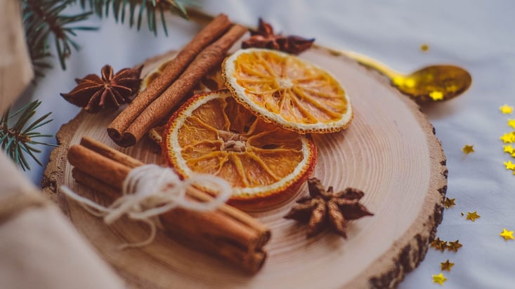 a piece of wood with cinnamon sticks and dried orange slices