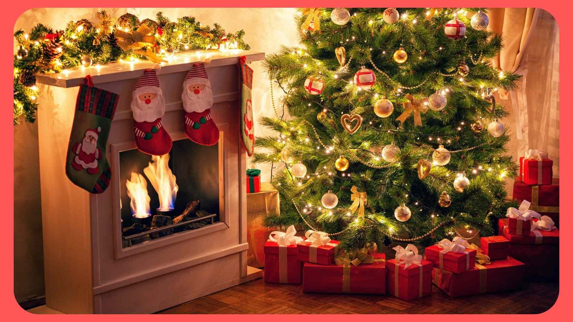 christmas tree with gifts and stocking by fire