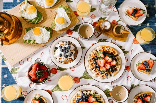 huge spread of breakfast foods