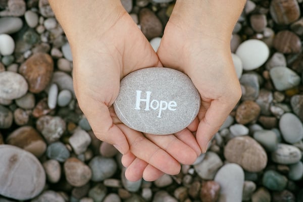 hands holding rock that says "hope"