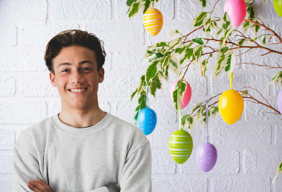 teen boy with Easter tree