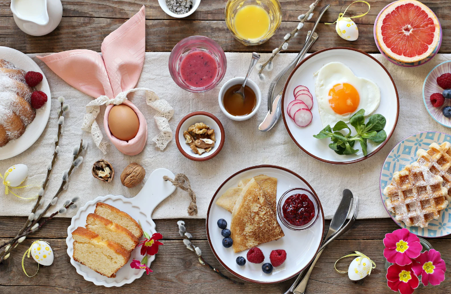 Easter brunch dishes on the table