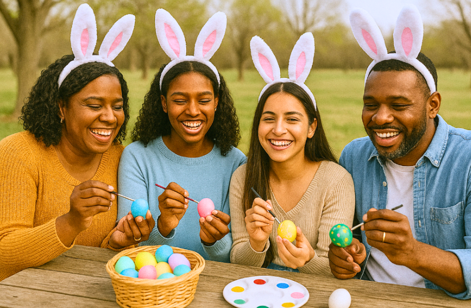 family painting eggs and wearing bunny ears