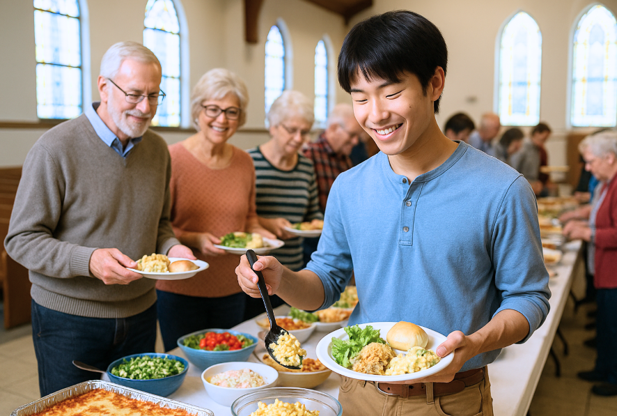 Japanese boy at church potluck