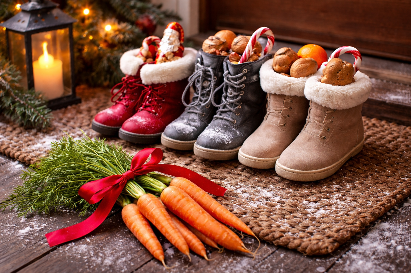 bundle of carrots on doormat with shoes filled with treats