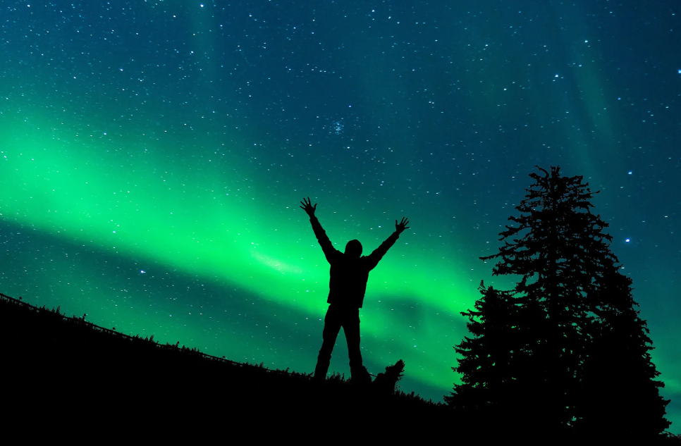 sillouhette in front of Northern lights