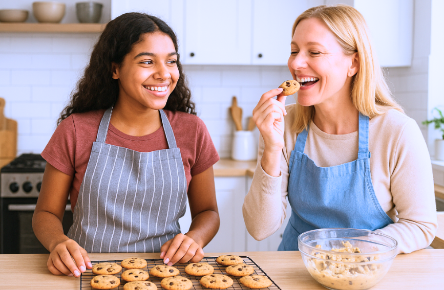 teen girl making cookies as host mom tastes one