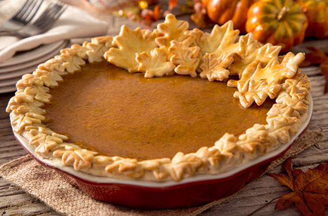Pumpkin pie with dough leaves