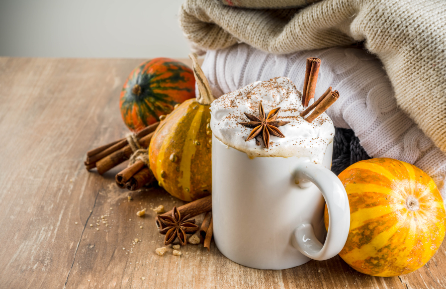 fall coffee mug, sweaters, pumpkins, and spices