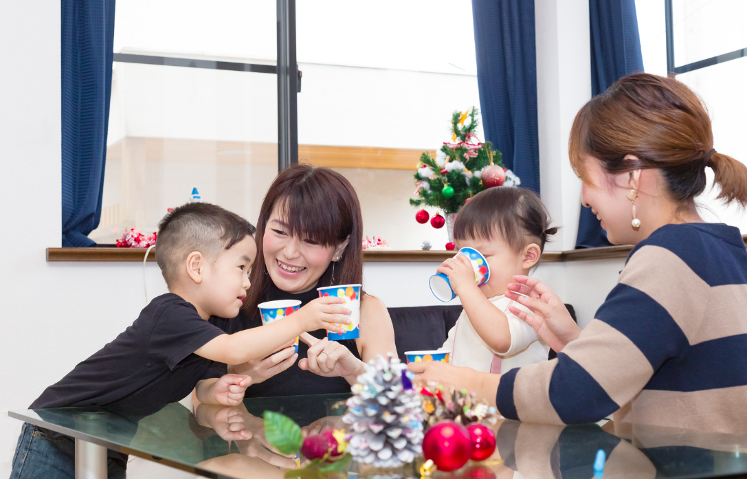 Japanese moms and kids drinking Christmas drink