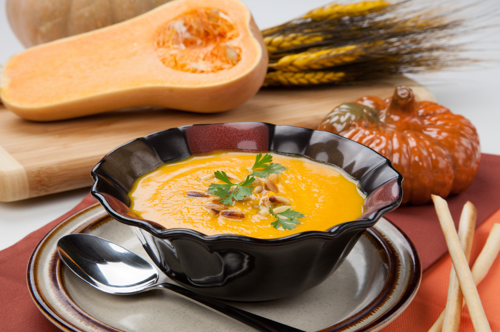 butternut squash soup with fall decor