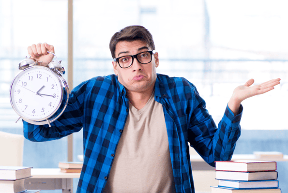 shrugging boy holding large clock