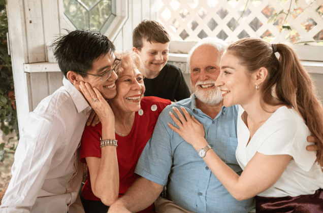 smiling family with exchange student