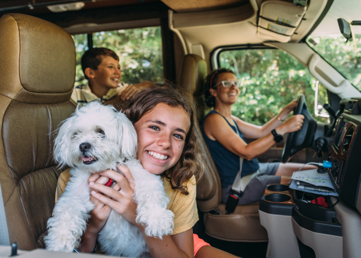 smiling girl with dog in car with family