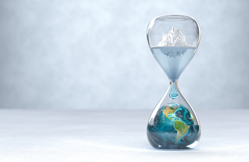 hourglass with iceberg and globe