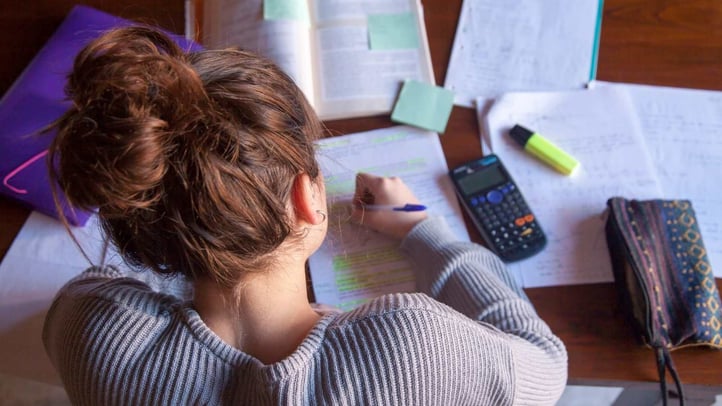 looking down on teenage girl studying