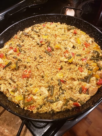 Spanish paella in a frying pan