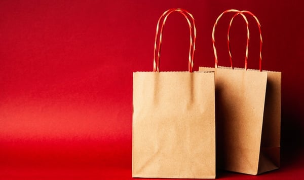 two brown gift bags with a red background