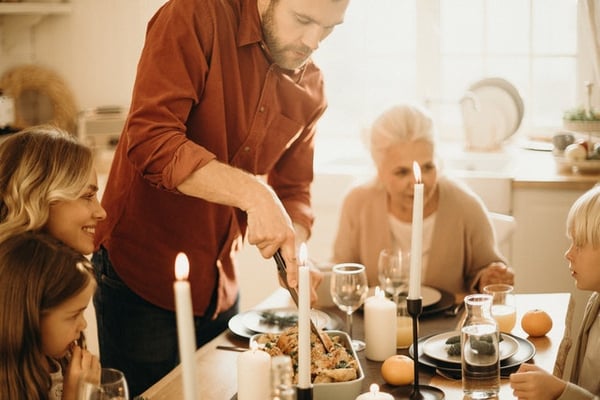 family sitting around the table for Thanksgiving dinner