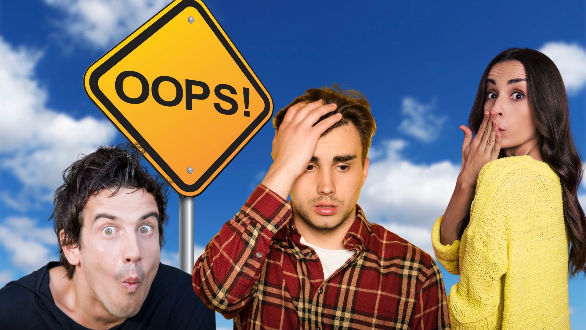 three teenagers looking regretful with an oops sign in background