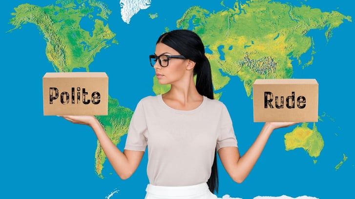 woman in front of world map with boxes saying rude or polite