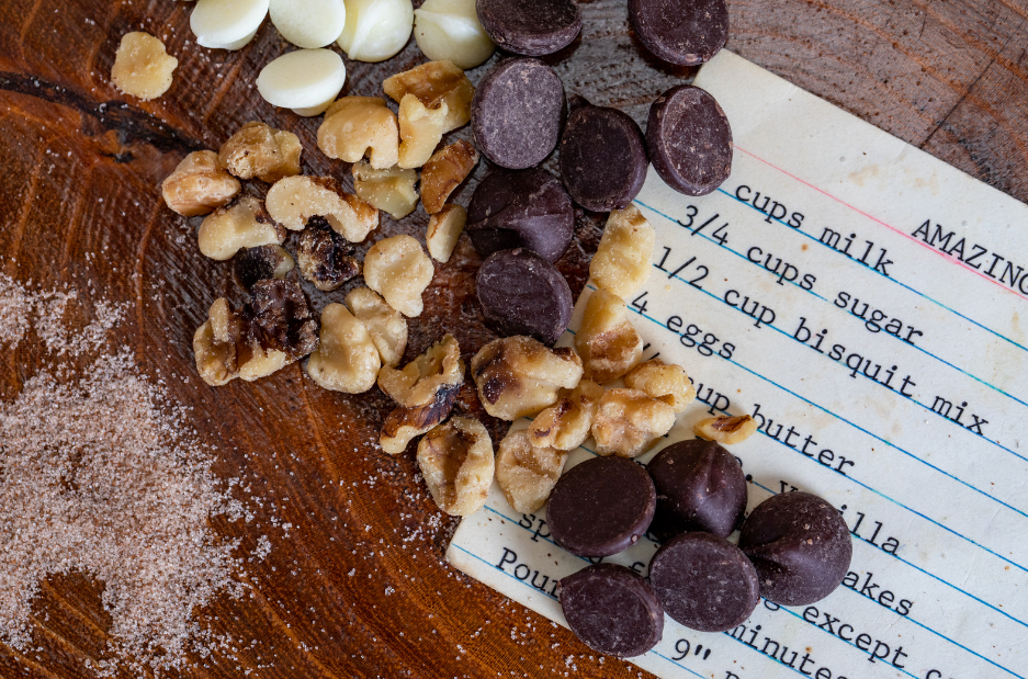 recipe card with chocolate chips and nuts on top